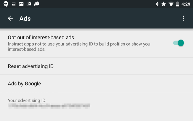 Экран рекламных настроек Android