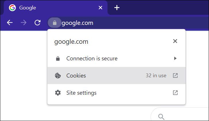 Опция «Файлы cookie» в Chrome под значком замка