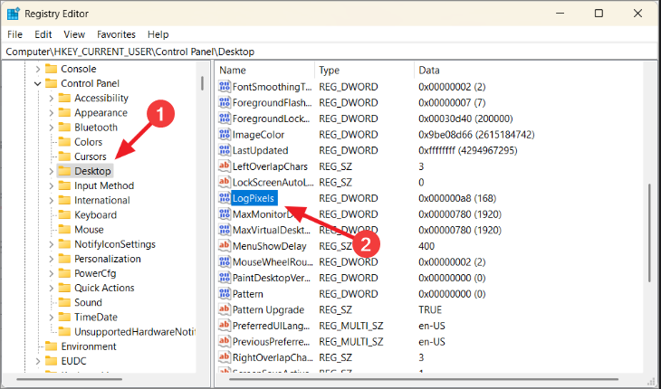Создание параметра LogPixels в реестре