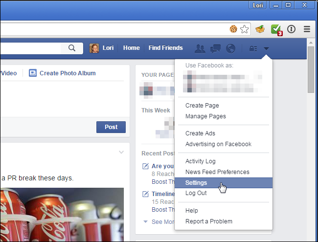 Открытие настроек аккаунта Facebook в браузере