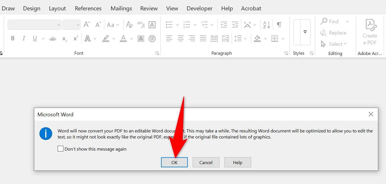 OK выделено в диалоге PDF Microsoft Word