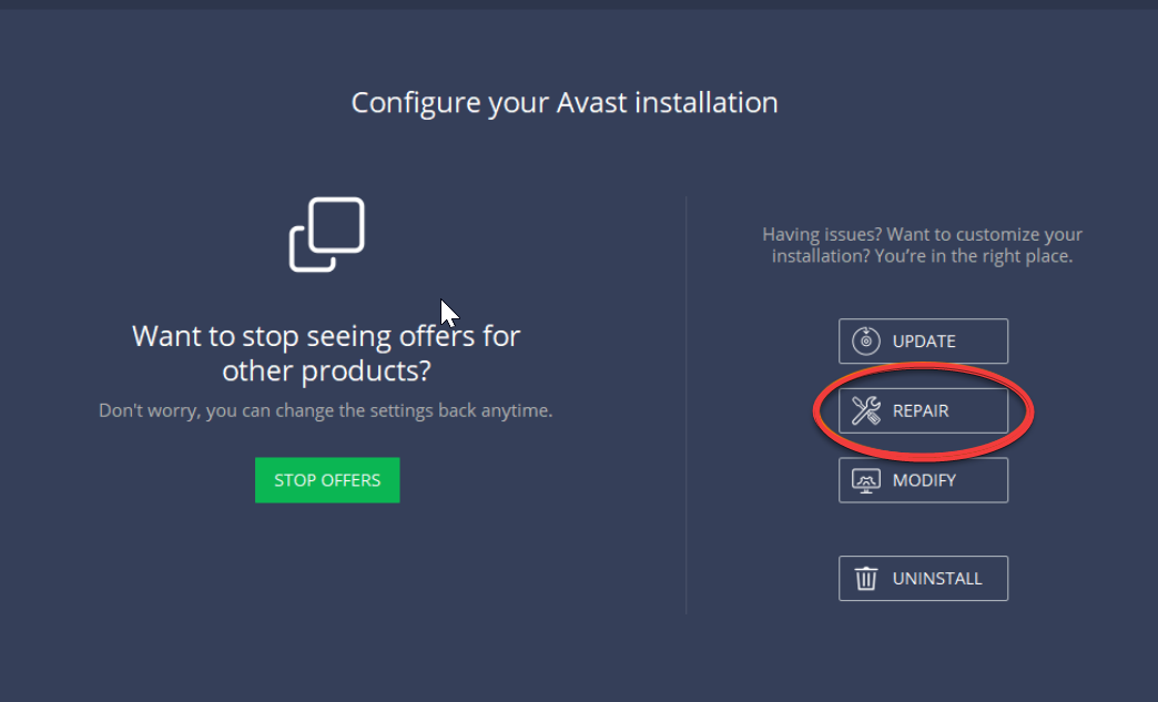 Мастер установки Avast — опция Восстановить