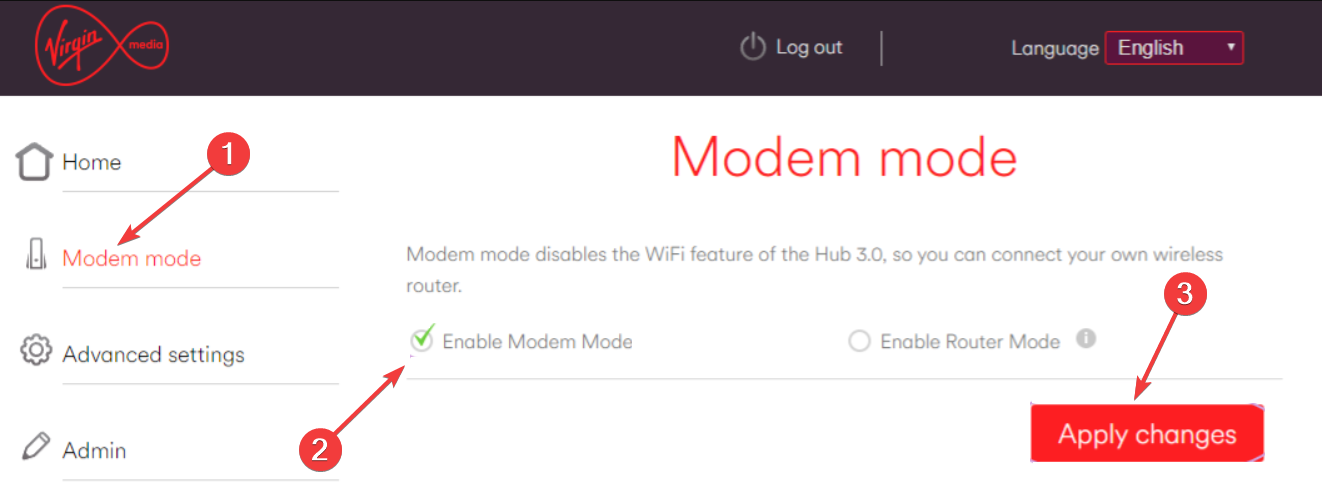 Настройки Modem Mode в веб-интерфейсе Virgin Hub