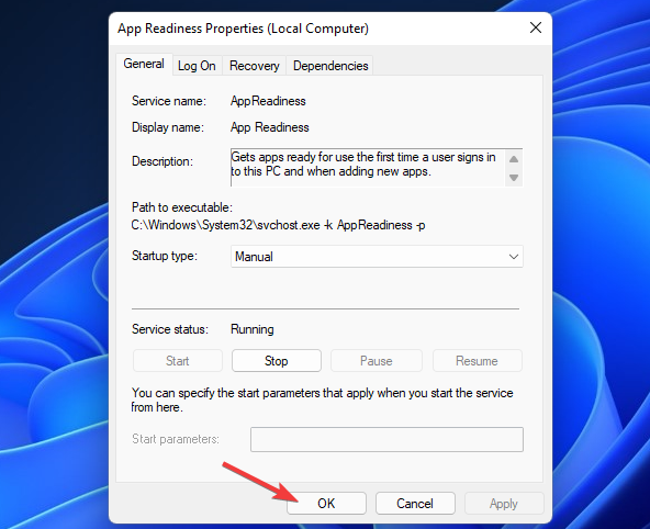Кнопка OK в свойствах службы