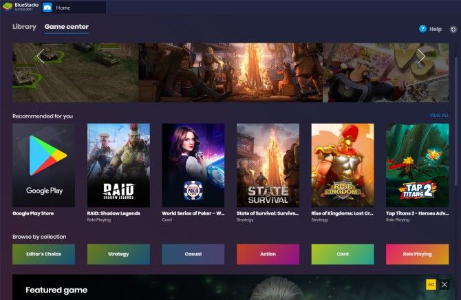 Главный экран Bluestacks с иконками приложений