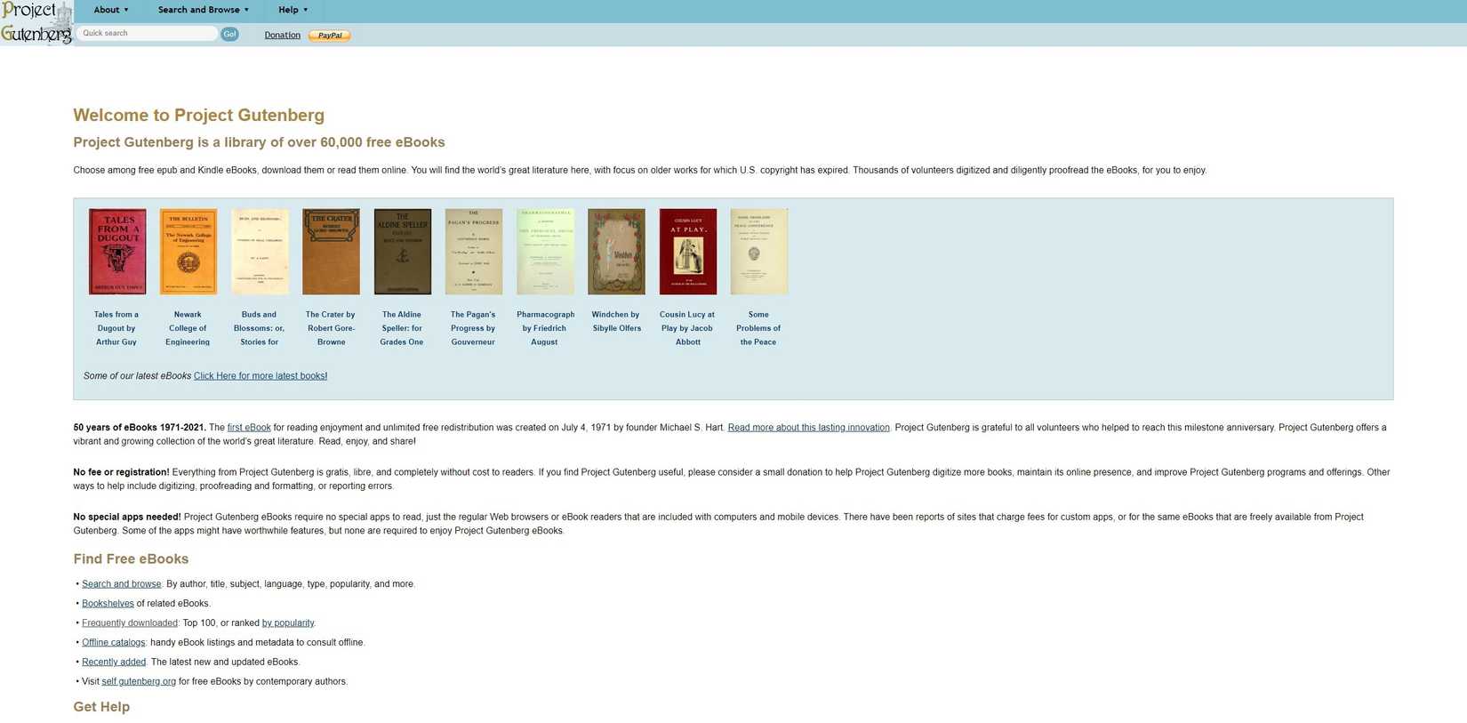 скриншот сайта Project Gutenberg