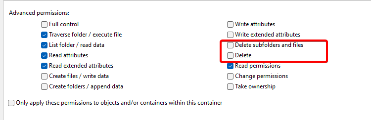 Окно расширенных разрешений с отключенными флагами Удалить и Удалять подпапки и файлы
