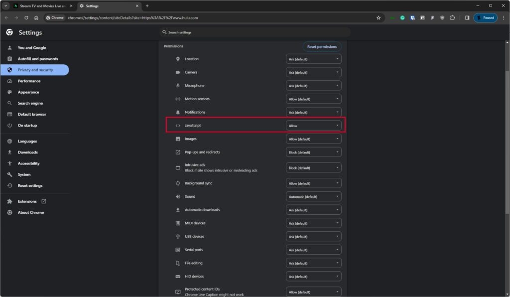 Configurações de site do Chrome para permitir JavaScript no Hulu