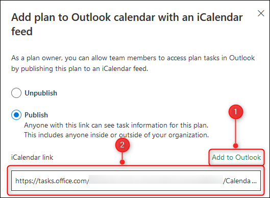 Опции: добавить план в календарь Outlook или скопировать iCalendar‑ссылку