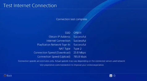 Экран тестирования интернет-соединения на PS4