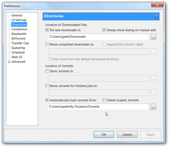 Настройка директорий в uTorrent