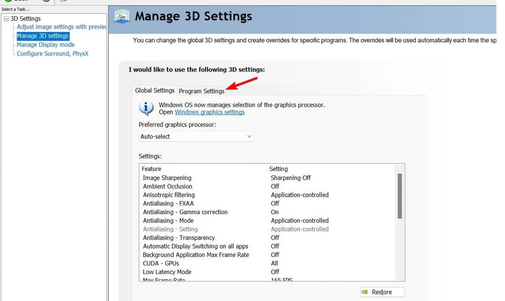 Вкладка Program Settings в Nvidia Control Panel