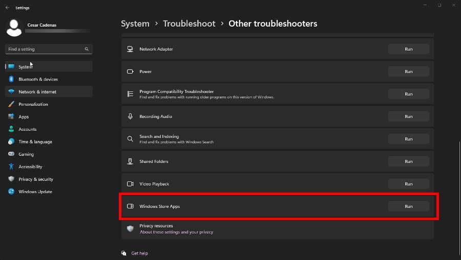 Запуск средства устранения неполадок для приложений магазина