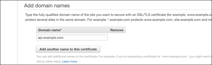 Форма ввода доменного имени для запроса сертификата в ACM