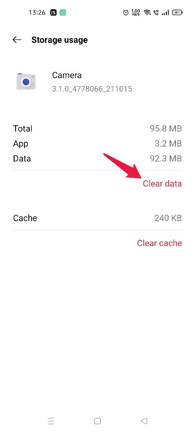 Кнопка Очистить данные приложения Камера