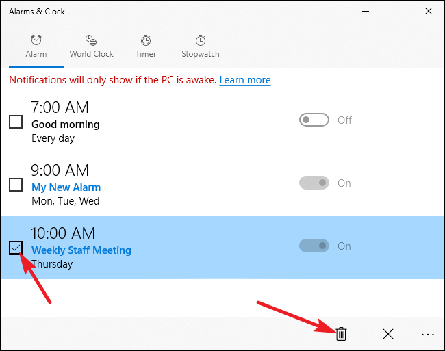 Выбор и удаление будильников в приложении