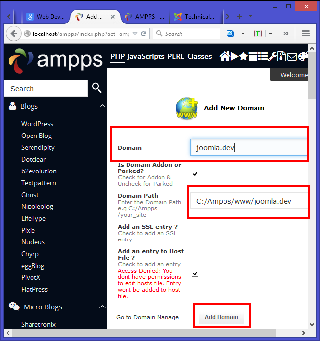 Добавление локального домена в AMPPS и запись в hosts