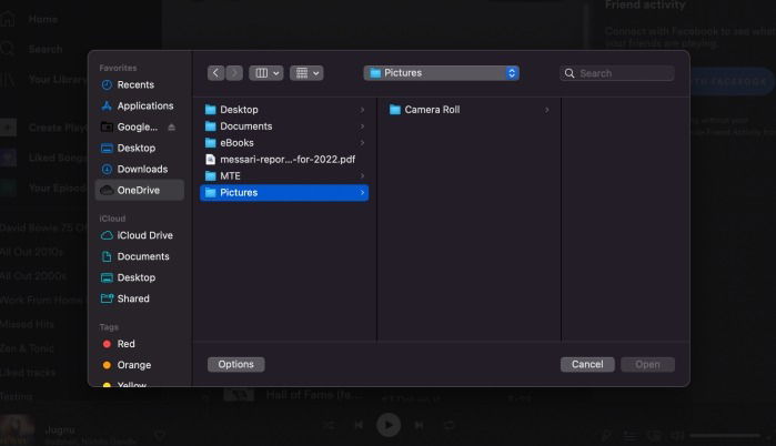 Окно выбора изображения для профиля Spotify на рабочем столе