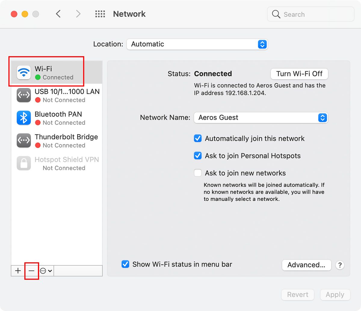 Удаление Wi‑Fi из настроек сети