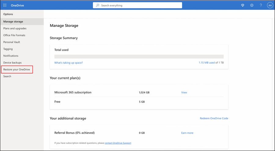 Опция Восстановить ваш OneDrive в настройках