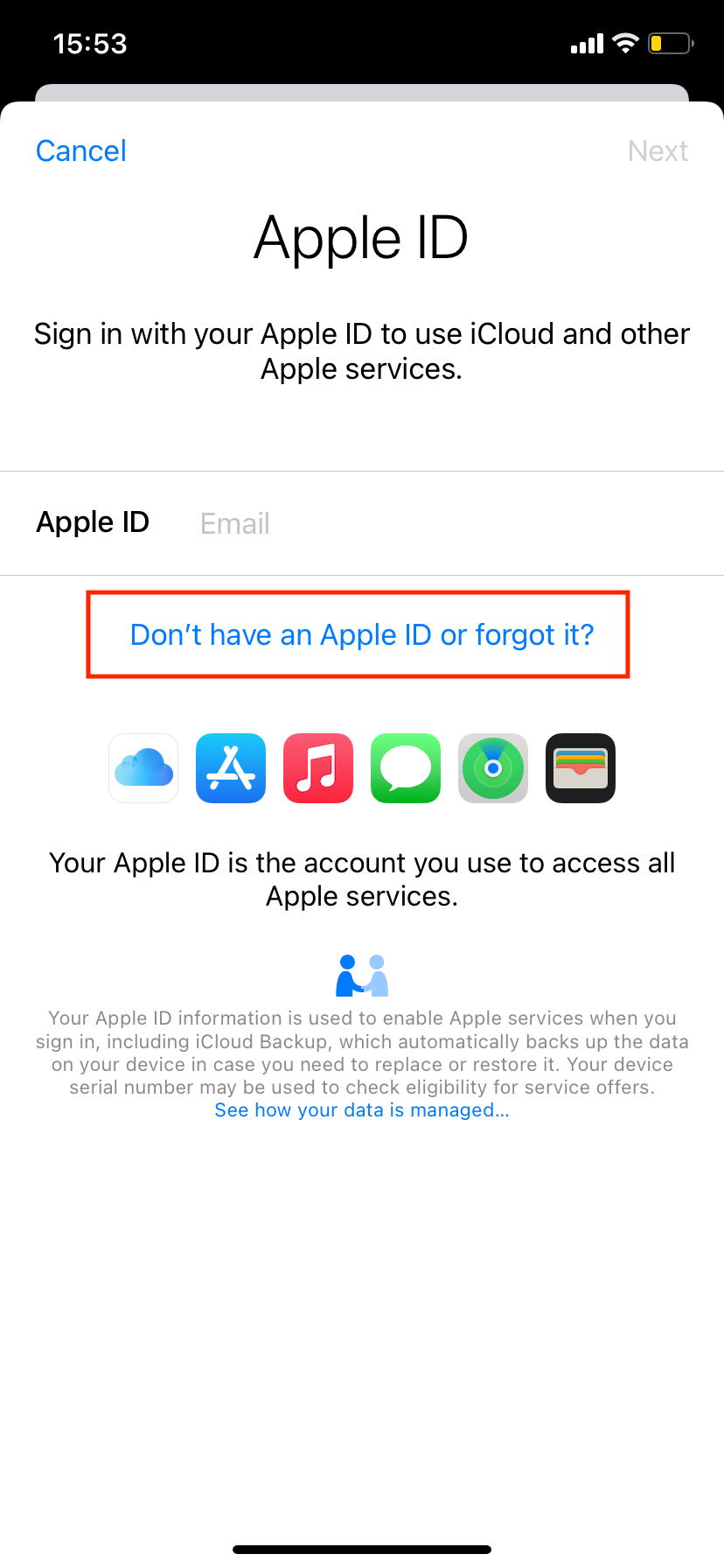 Экран создания Apple ID на iPhone с формой регистрации