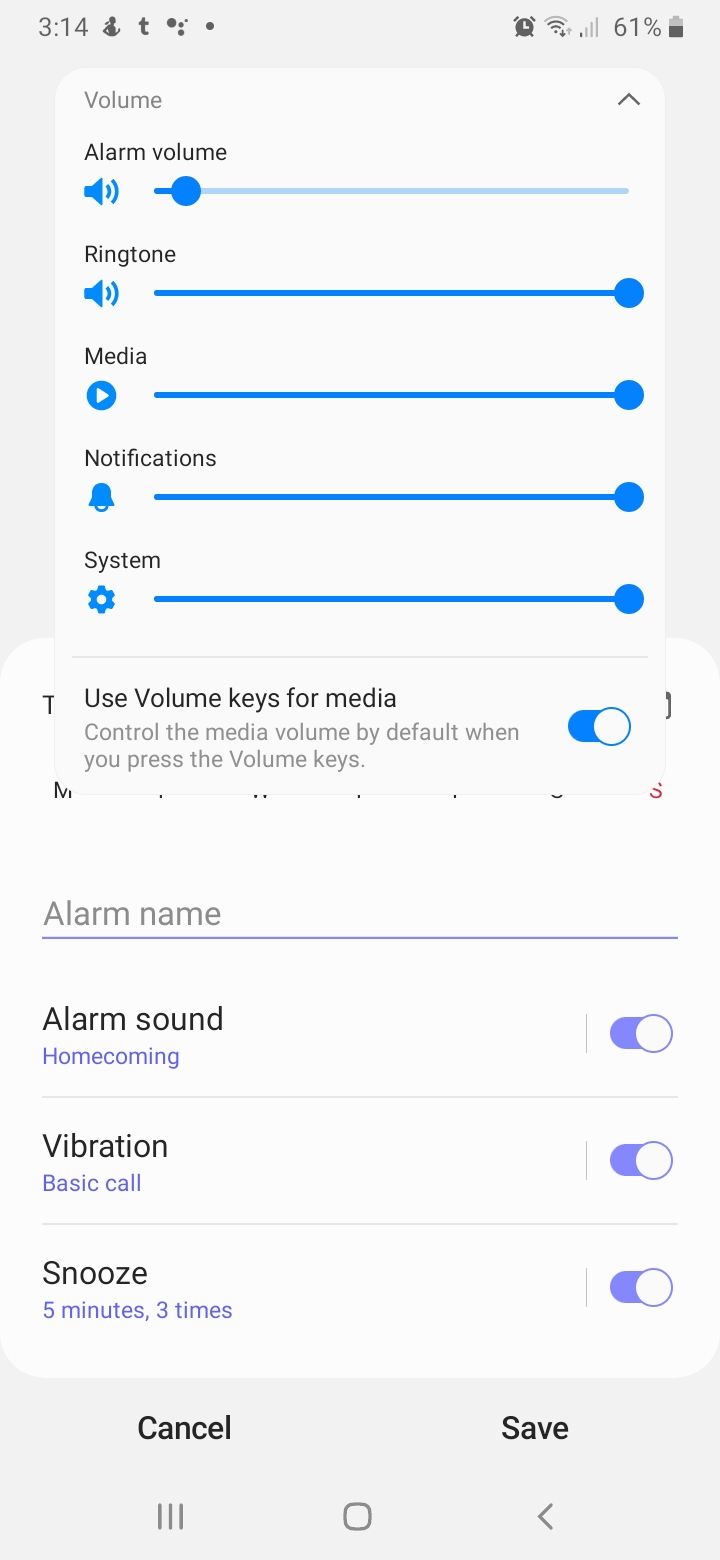Выпадающее меню громкости в приложении «Часы»