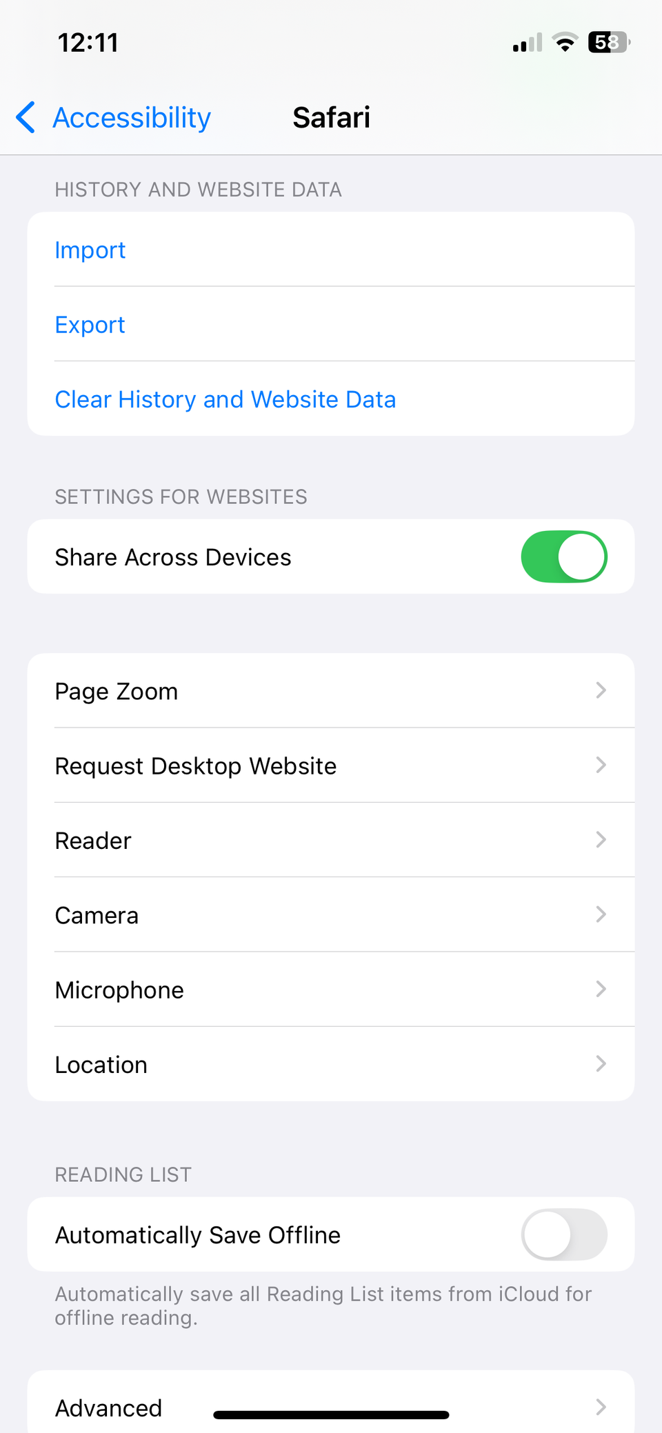 Safari settings menu on iPhone