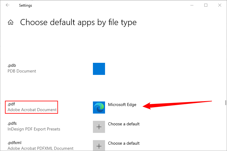Снимок экрана: список типов файлов и сопоставленных приложений, пример .pdf