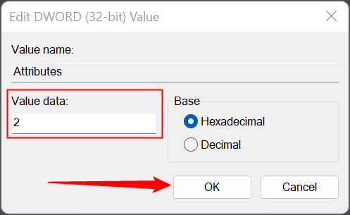 Измените значение с 1 на 2 и нажмите ОК.