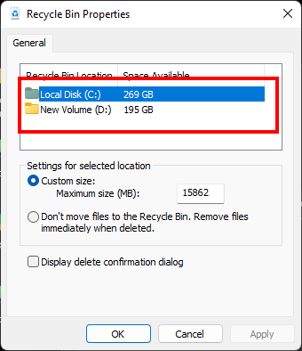 Выбор диска в свойствах Корзины
