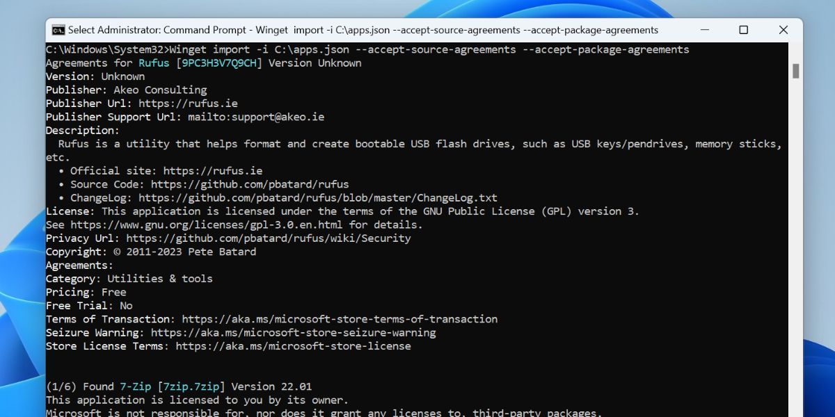 процесс импорта приложений Winget в окне командной строки