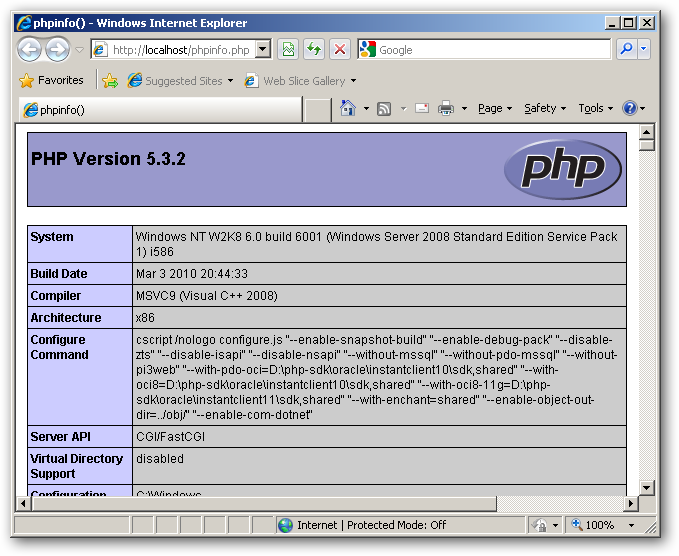 Страница phpinfo, подтверждающая работу PHP в IIS