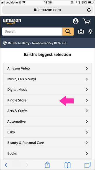 Страница магазина Kindle на мобильном сайте Amazon