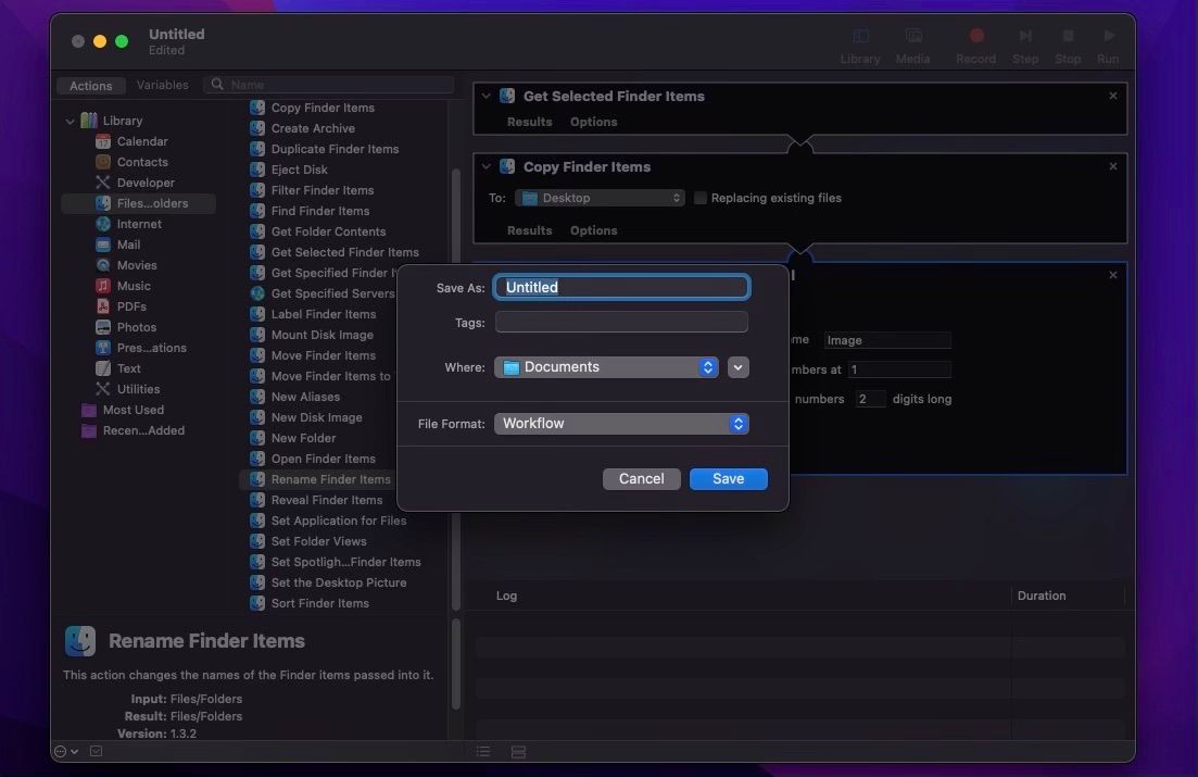 Сохранение рабочего процесса Automator