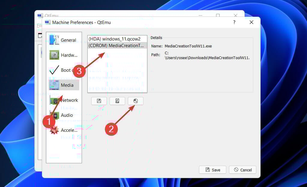 Выбор ISO в QTEmu
