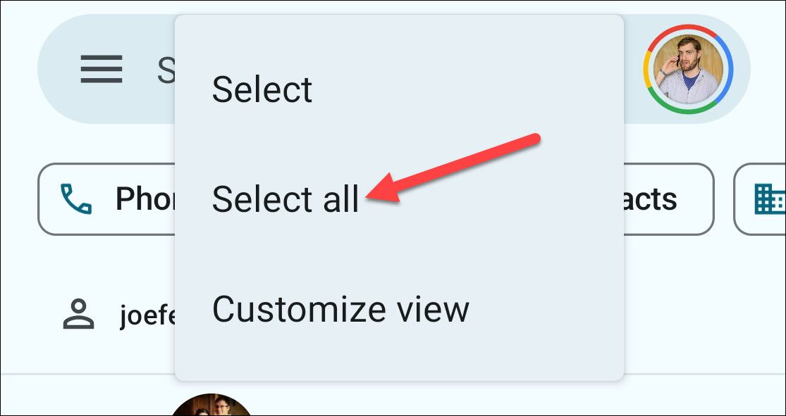 Выбор всех контактов в приложении Google Контакты