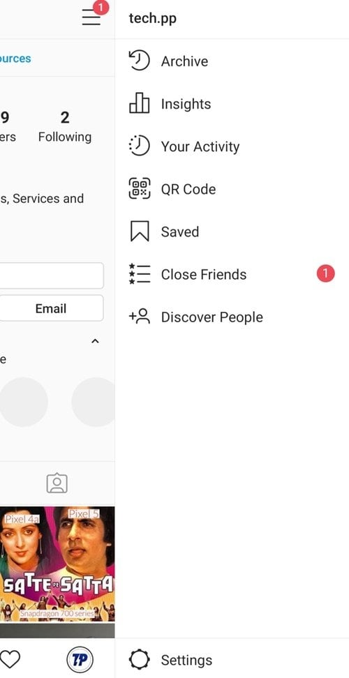 Меню пользователя Instagram с тремя горизонтальными линиями в правом верхнем углу