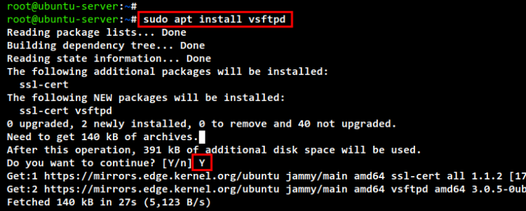 процесс установки vsftpd