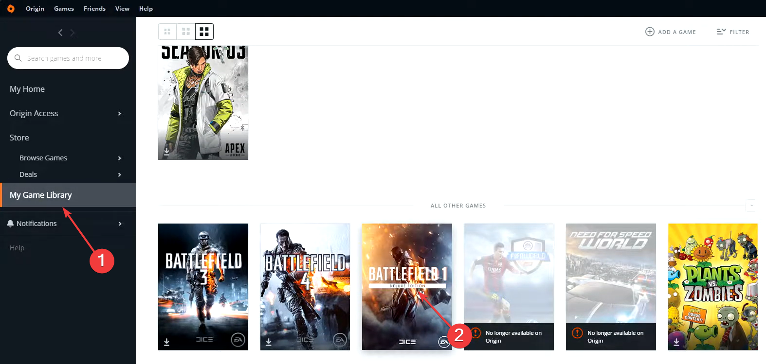 Библиотека игр Origin