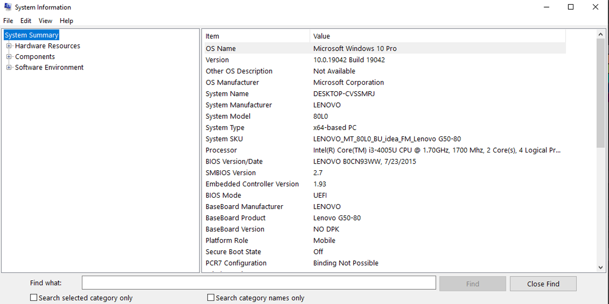 Сведения о системе в Windows 10