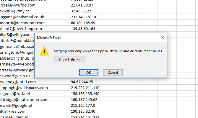 Excel merge cells warning