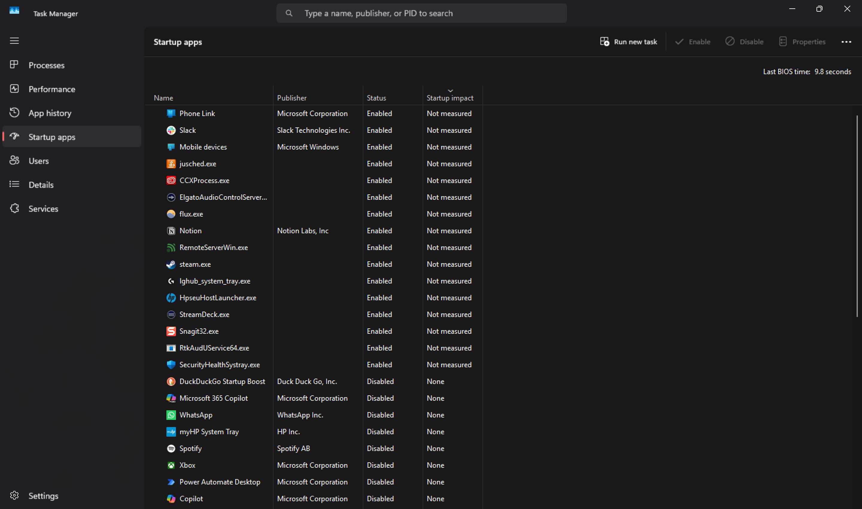 Вкладка «Автозагрузка» в Диспетчере задач с включёнными и отключёнными приложениями