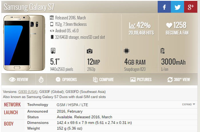 Страница спецификаций смартфона на GSM Arena с выделенными параметрами