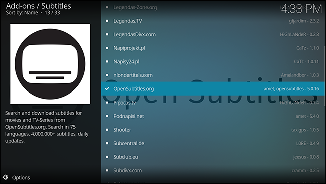 Плагин OpenSubtitles в списке аддонов Kodi