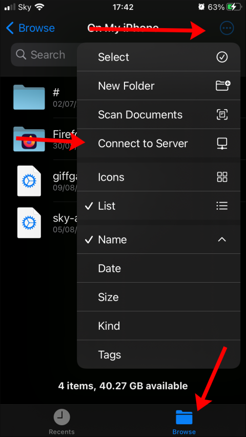 Скриншот подключения к сетевому серверу в приложении «Файлы» iOS