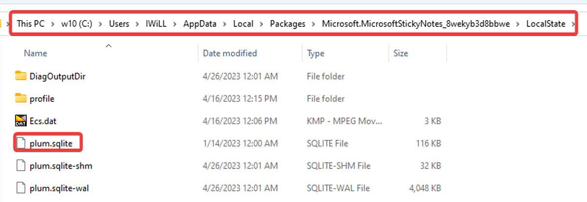 Файл plum.sqlite в папке StickyNotes в Проводнике