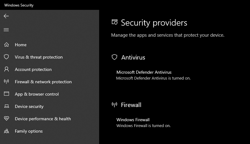 Поставщики безопасности в Windows Defender