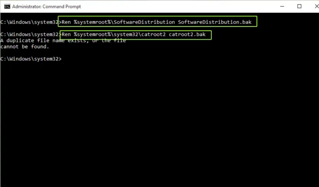 Prompt dei comandi per rinominare SoftwareDistribution e catroot2