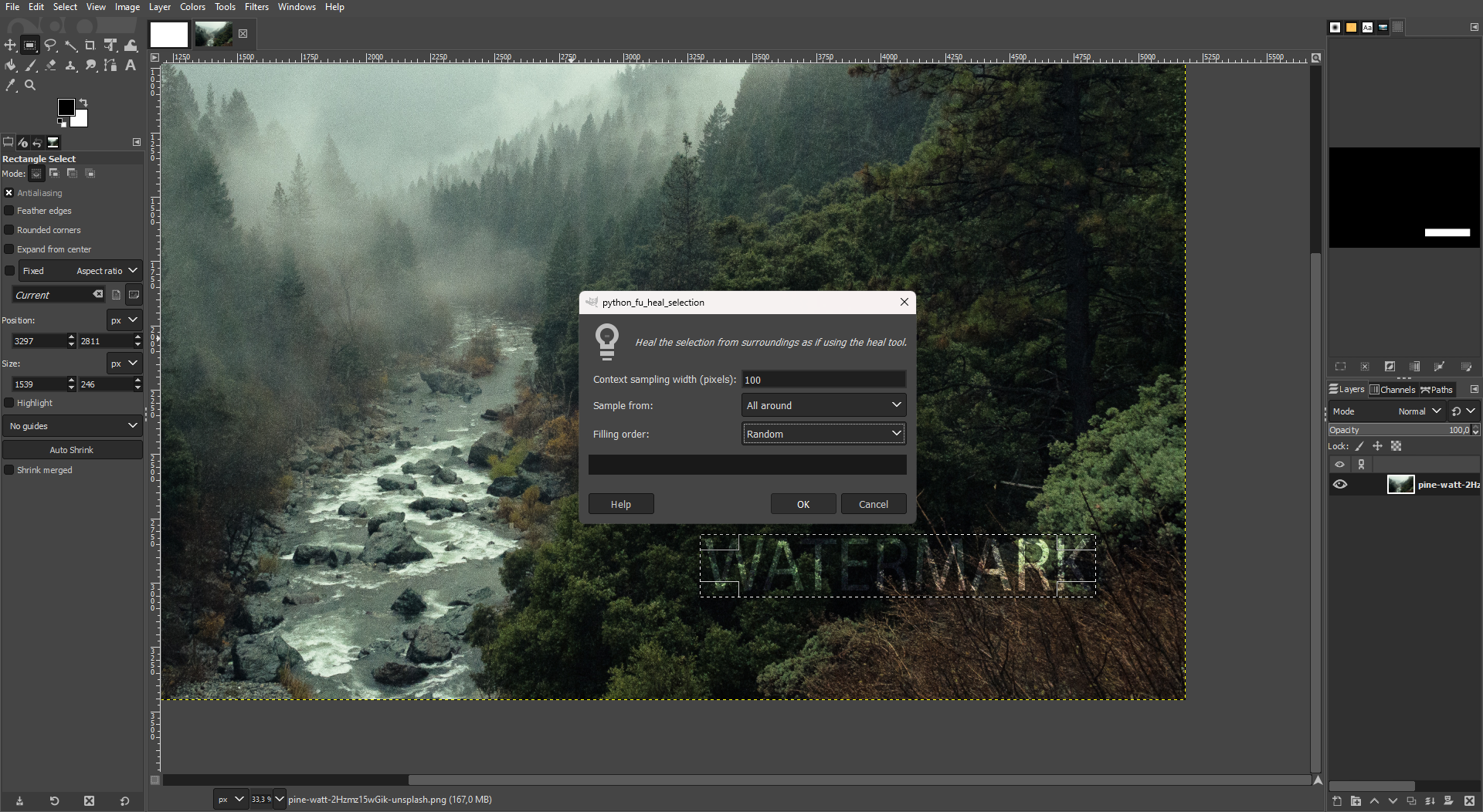Настройки Heal selection в GIMP