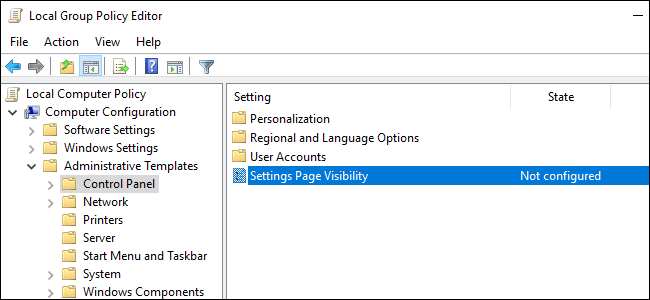Окно политики Settings Page Visibility в gpedit.msc